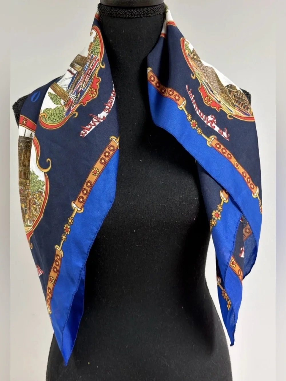 Vintage Paris France Scarf J.Mico Sancho Blue Red Gold Designer Made In Italy